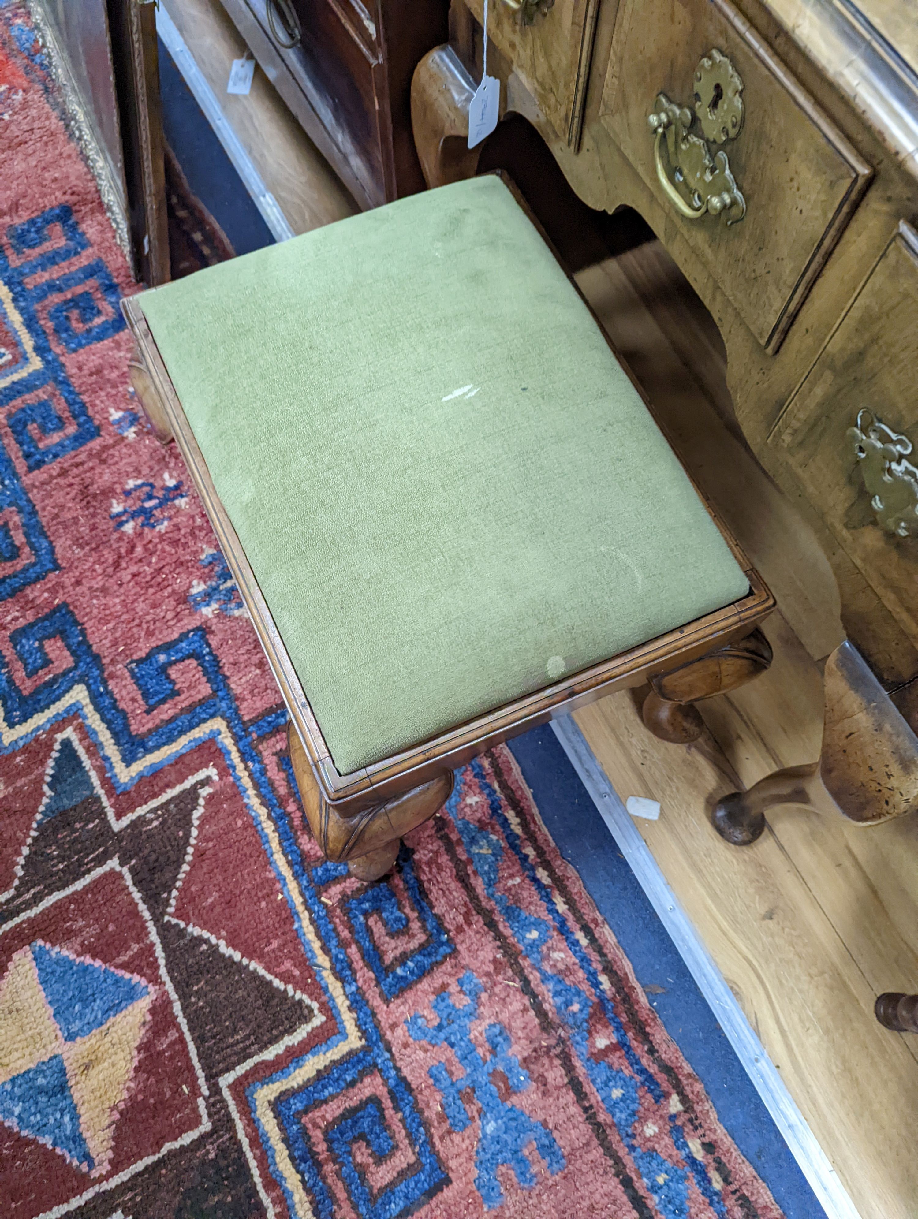 A 1920's Queen Anne revival banded walnut lowboy, width 76cm, depth 51cm, height 75cm together with a similar rectangular walnut dressing stool